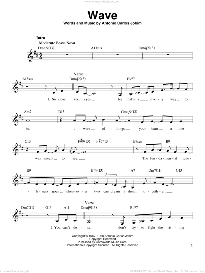 Wave sheet music for voice solo by Antonio Carlos Jobim and Judy Niemack, intermediate skill level