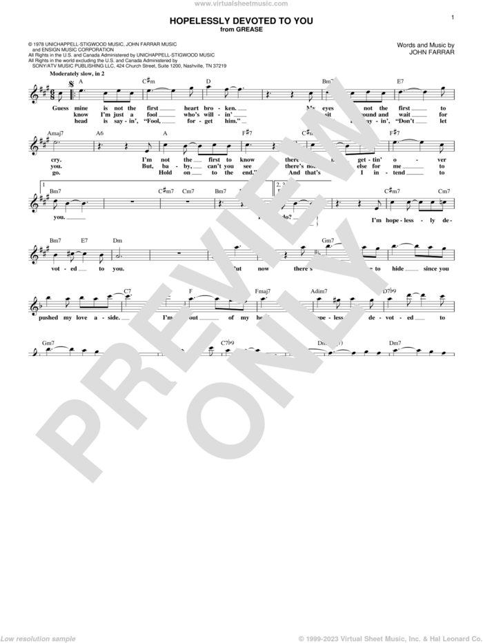 Hopelessly Devoted To You sheet music for voice and other instruments (fake book) by Olivia Newton-John and John Farrar, intermediate skill level