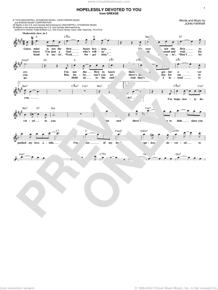 Hopelessly Devoted To You sheet music for voice and other instruments (fake book) by Olivia Newton-John and John Farrar, intermediate skill level
