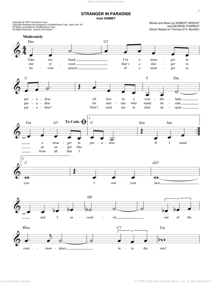 Stranger In Paradise sheet music for voice and other instruments (fake book) by Robert Wright and George Forrest, easy skill level