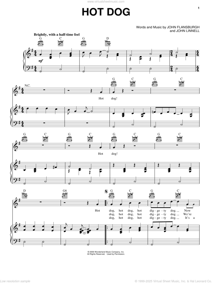 Hot Dog! (from Mickey Mouse Clubhouse) sheet music for voice, piano or guitar by They Might Be Giants, John Flansburgh and John Linnell, intermediate skill level