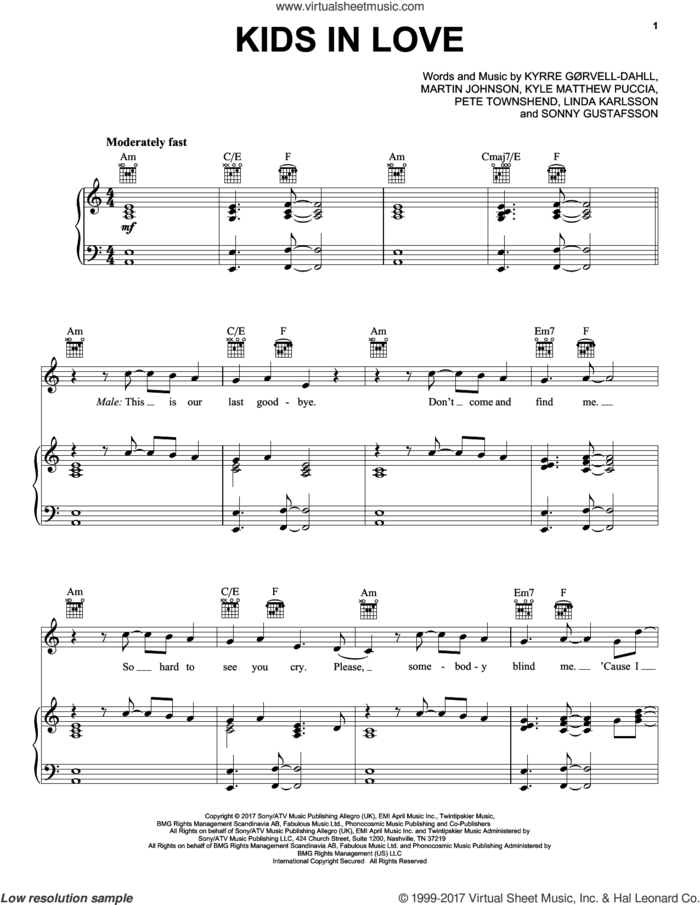 Kids In Love sheet music for voice, piano or guitar by Kygo feat. The Night Game, Kyle Matthew Puccia, Kyrre Gorvell-Dahll, Linda Karlsson, Martin Johnson, Pete Townshend and Sonny Gustafsson, intermediate skill level