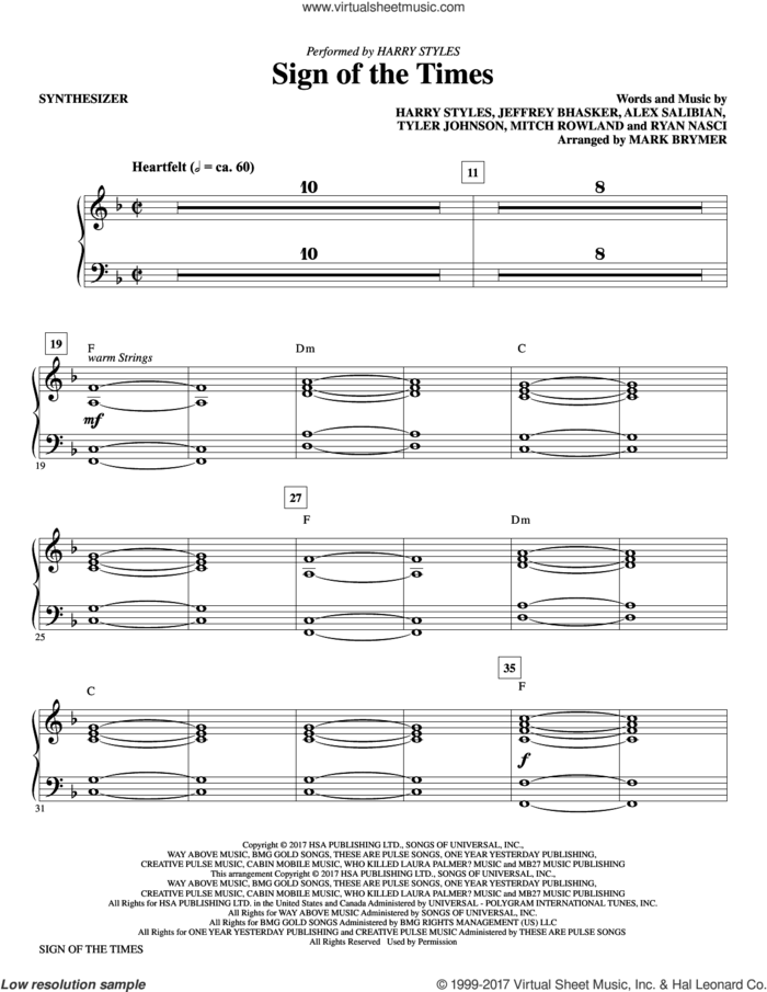 Sign of the Times (complete set of parts) sheet music for orchestra/band by Mark Brymer, Alex Salibian, Harry Styles, Jeff Bhasker, Mitch Rowland, Ryan Nasci and Tyler Johnson, intermediate skill level