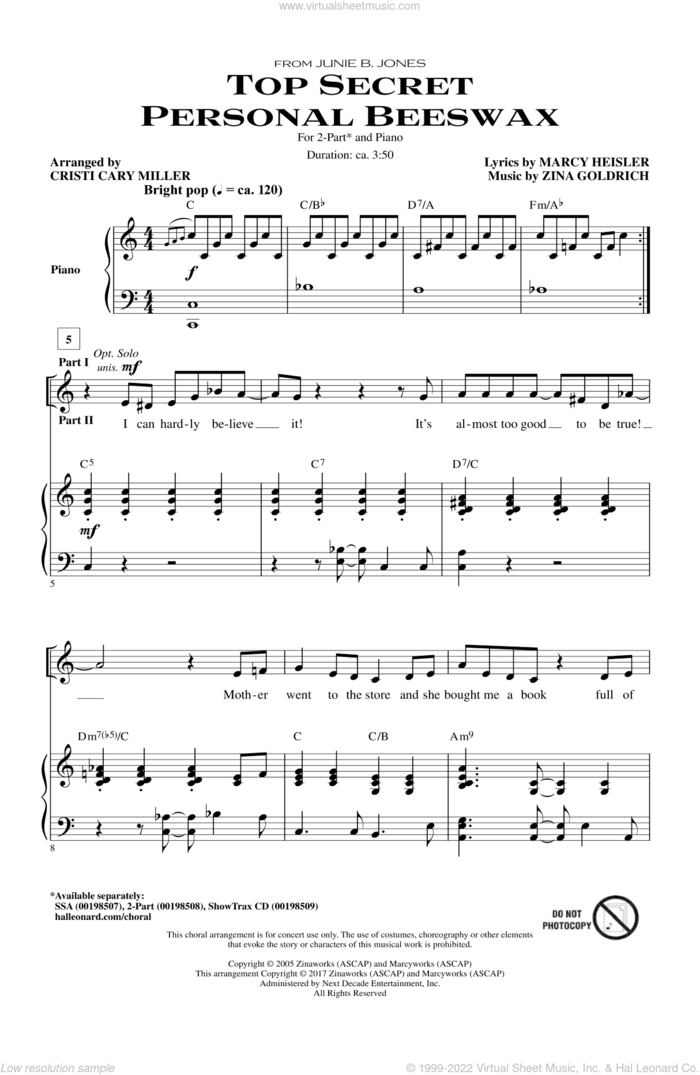 Top Secret Personal Beeswax sheet music for choir (2-Part) by Cristi Cary Miller, Marcy Heisler and Zina Goldrich, intermediate duet