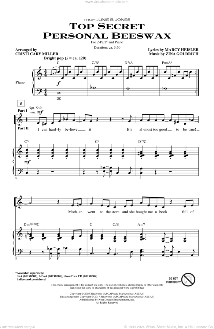 Top Secret Personal Beeswax sheet music for choir (2-Part) by Cristi Cary Miller, Marcy Heisler and Zina Goldrich, intermediate duet