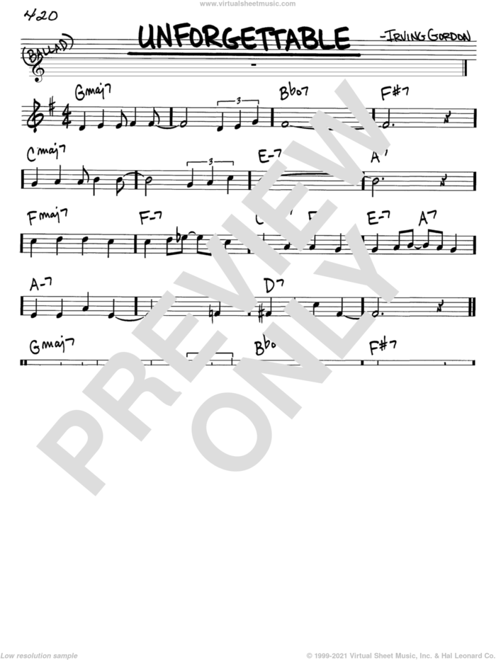 Unforgettable sheet music for voice and other instruments (in C) by Irving Gordon, Dinah Washington and Natalie Cole, intermediate skill level