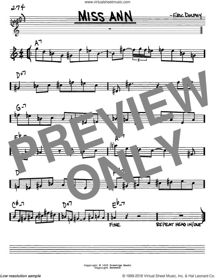 Miss Ann sheet music for voice and other instruments (in Eb) by Eric Dolphy, intermediate skill level