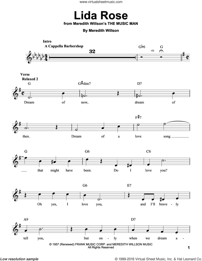 Lida Rose sheet music for voice solo by Meredith Willson, intermediate skill level