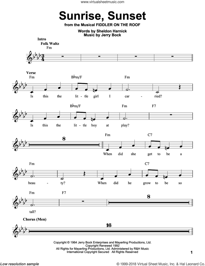 Sunrise, Sunset sheet music for voice solo by Jerry Bock and Sheldon Harnick, intermediate skill level