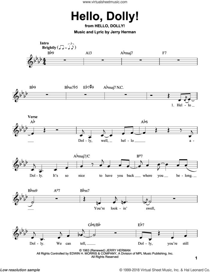 Hello, Dolly! sheet music for voice solo by Louis Armstrong and Jerry Herman, intermediate skill level