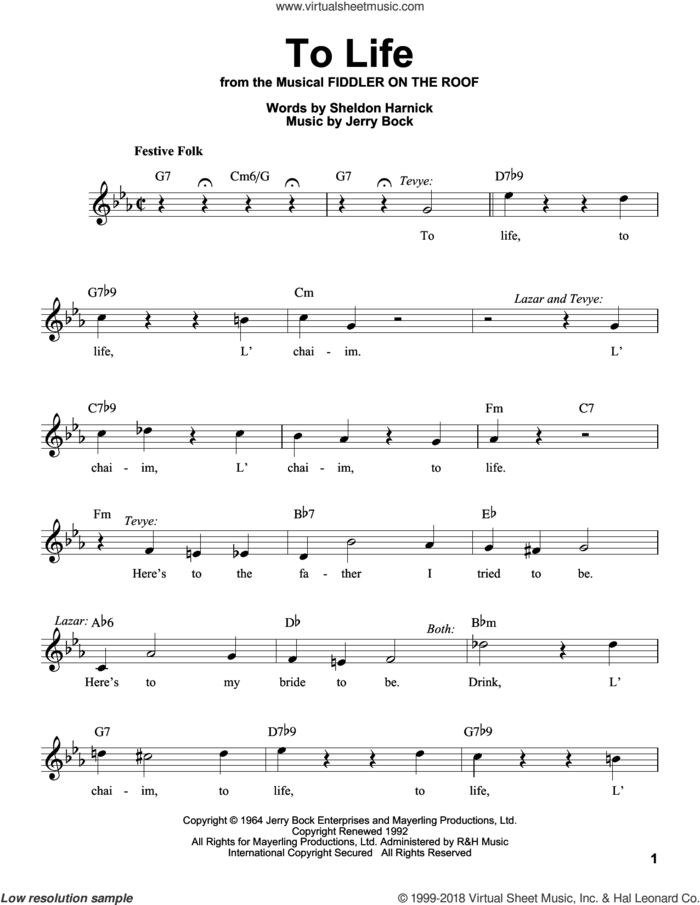 To Life sheet music for voice solo by Jerry Bock and Sheldon Harnick, intermediate skill level