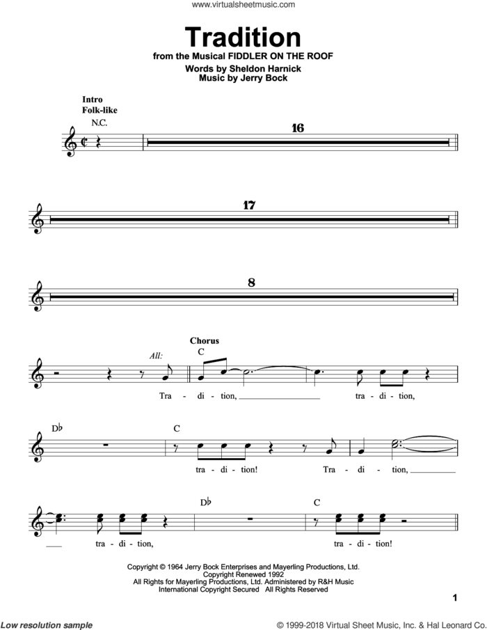 Tradition sheet music for voice solo by Jerry Bock and Sheldon Harnick, intermediate skill level