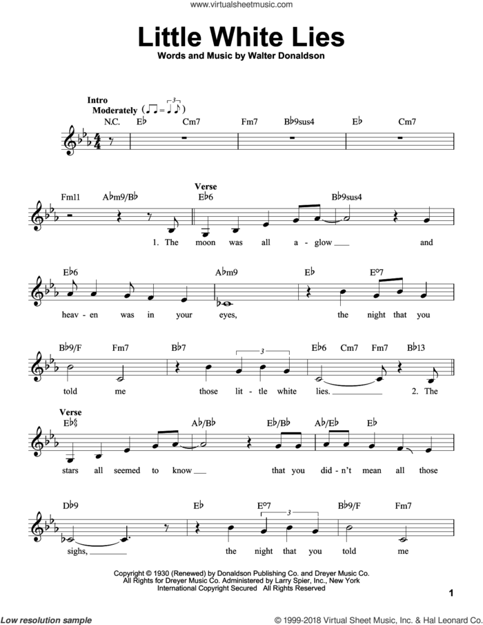 Little White Lies sheet music for voice solo by Walter Donaldson and Julie London, intermediate skill level