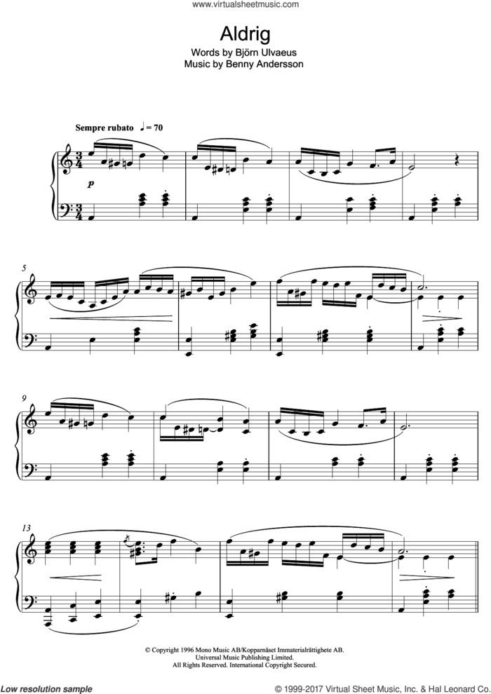 Aldrig sheet music for piano solo by Benny Andersson, intermediate skill level