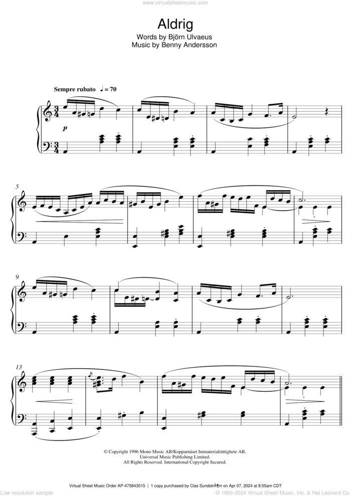 Aldrig sheet music for piano solo by Benny Andersson, intermediate skill level