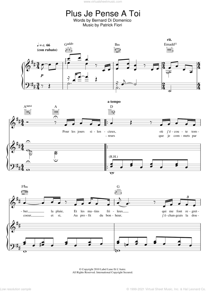Plus Je Pense A Toi sheet music for voice, piano or guitar by Patrick Fiori, intermediate skill level