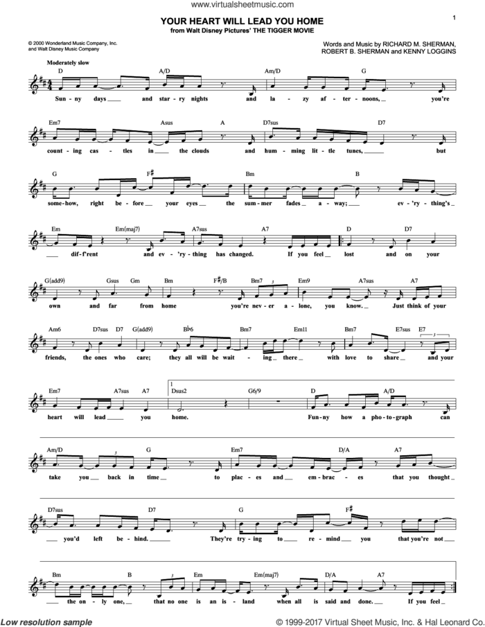 Your Heart Will Lead You Home sheet music for voice and other instruments (fake book) by Richard M. Sherman, Kenny Loggins and Robert B. Sherman, intermediate skill level