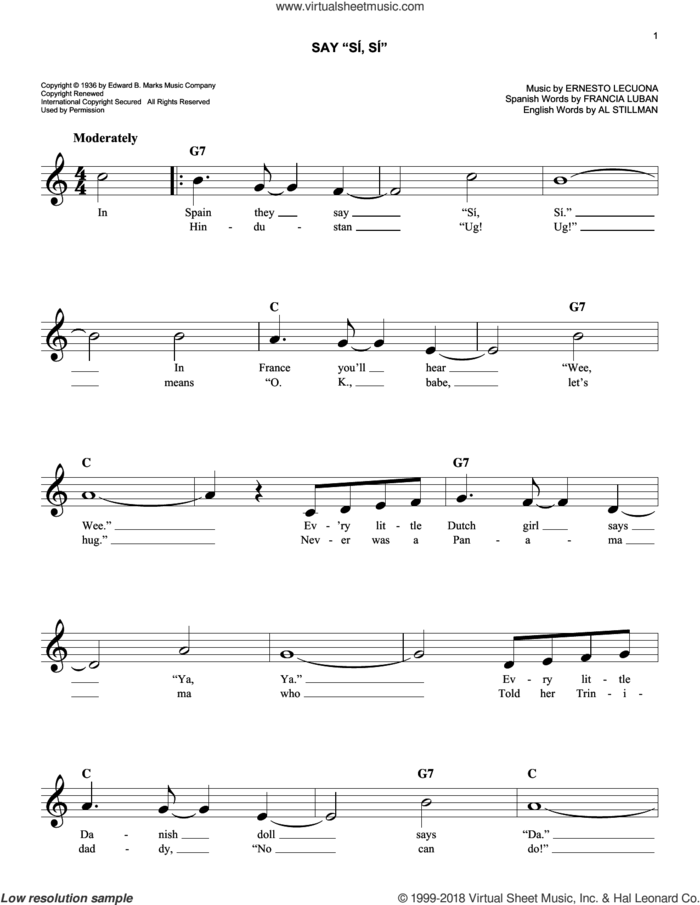 Say 'Si, Si' sheet music for voice and other instruments (fake book) by Al Stillman, Ernesto Lecuona and Francia Luban, intermediate skill level