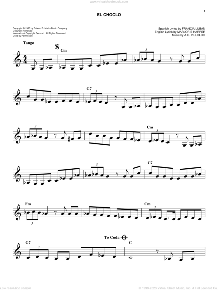 El Choclo sheet music for voice and other instruments (fake book) by Angel Villoldo, Francia Luban (Spanish) and Marjorie Harper (English), intermediate skill level
