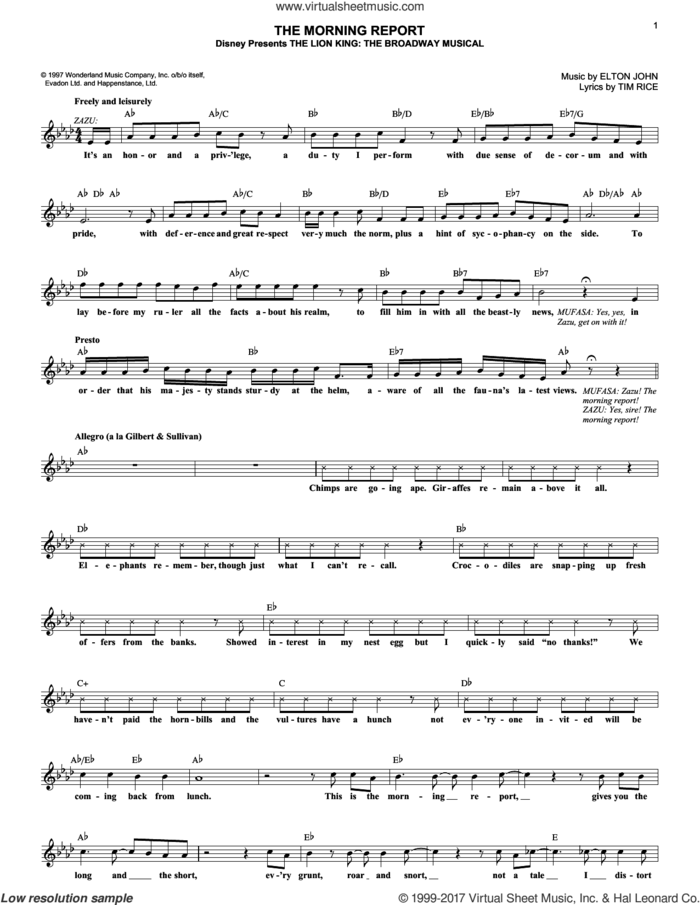 The Morning Report (from The Lion King: Broadway Musical) sheet music for voice and other instruments (fake book) by Elton John and Tim Rice, intermediate skill level