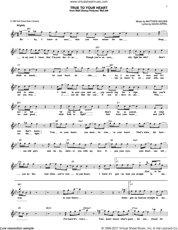 True To Your Heart (from Mulan) sheet music for voice and other instruments (fake book) by 98 Degrees featuring Stevie Wonder, 98 Degrees & Stevie Wonder, David Zippel and Matthew Wilder, intermediate skill level
