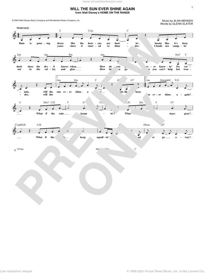 Will The Sun Ever Shine Again sheet music for voice and other instruments (fake book) by Alan Menken and Glenn Slater, intermediate skill level