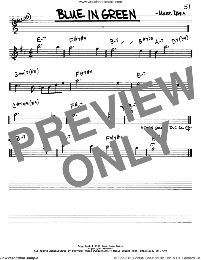 Blue In Green sheet music for voice and other instruments (in Eb) by Miles Davis, intermediate skill level