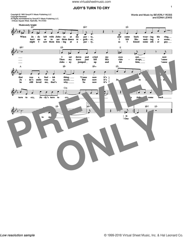 Judy's Turn To Cry sheet music for voice and other instruments (fake book) by Lesley Gore, Beverly Ross and Edna Lewis, intermediate skill level