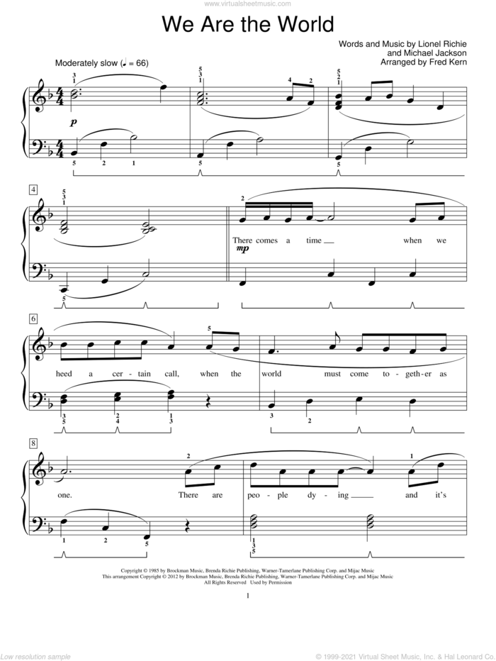 We Are The World sheet music for piano solo (elementary) by USA For Africa, Lionel Richie and Michael Jackson, beginner piano (elementary)