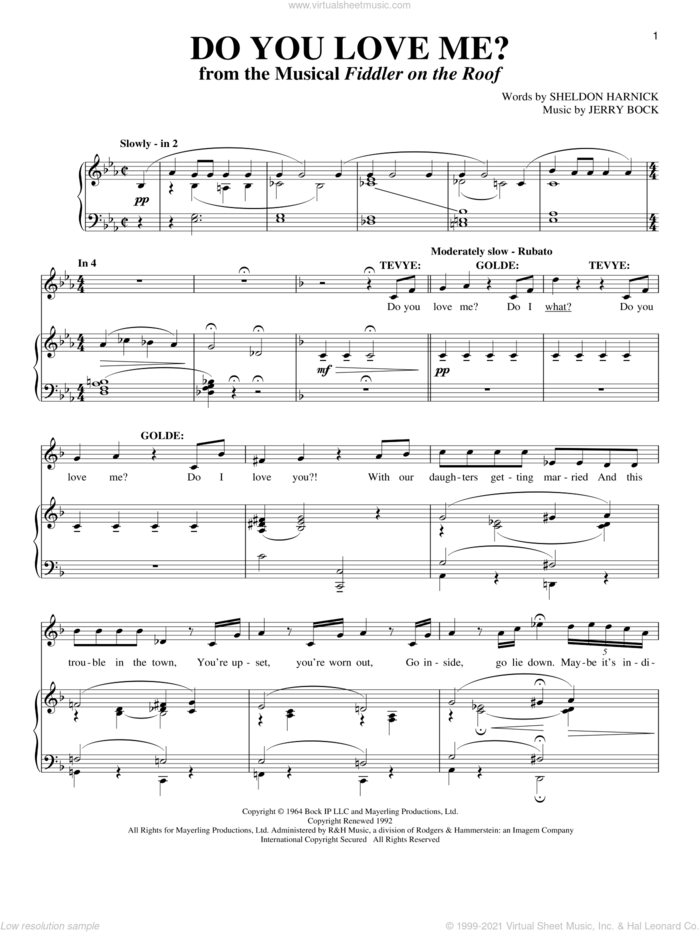 Do You Love Me? sheet music for two voices and piano by Jerry Bock and Sheldon Harnick, intermediate skill level