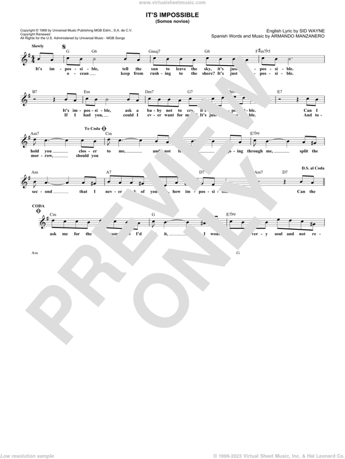 It's Impossible (Somos Novios) sheet music for voice and other instruments (fake book) by Sid Wayne, Elvis Presley, Perry Como and Armando Manzanero, intermediate skill level