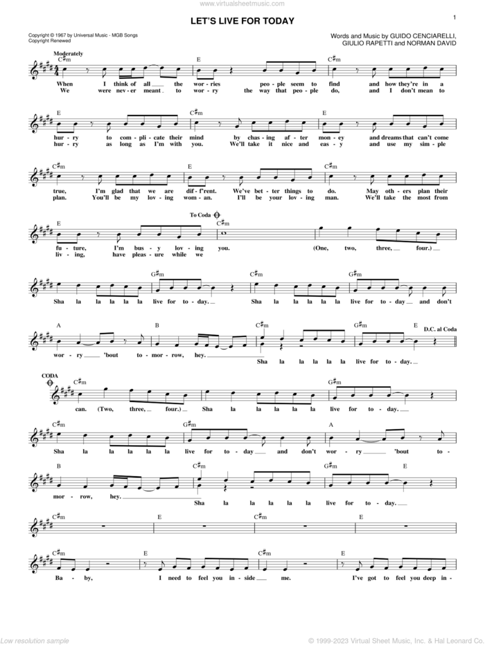 Let's Live For Today sheet music for voice and other instruments (fake book) by The Grass Roots, Giulio Rapetti, Guido Cenciarelli and Norman David, intermediate skill level