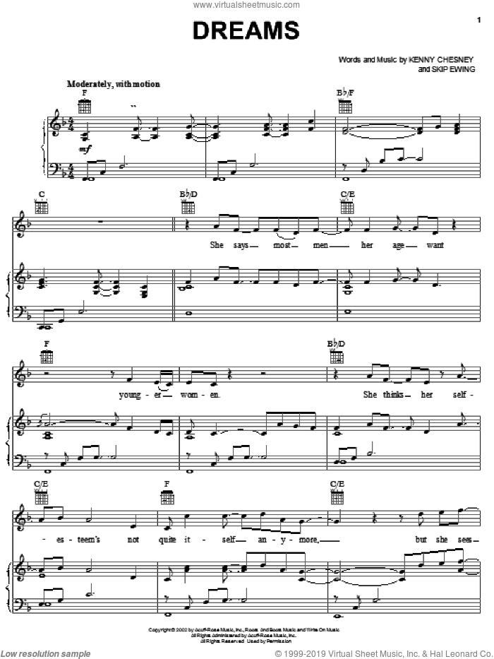 Dreams sheet music for voice, piano or guitar by Kenny Chesney and Skip Ewing, intermediate skill level