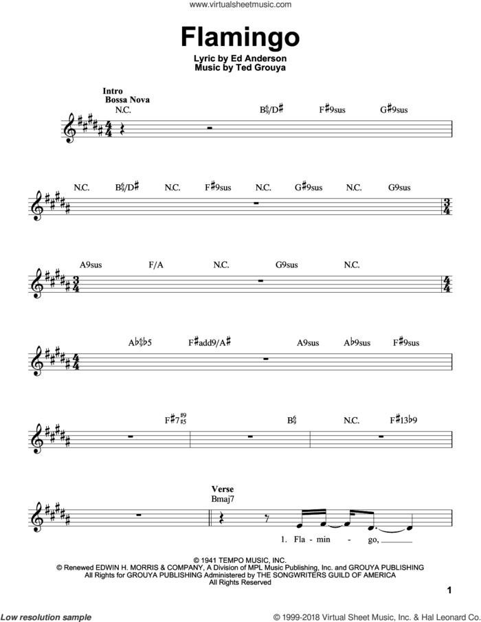 Flamingo sheet music for voice solo by Ed Anderson and Ted Grouya, intermediate skill level