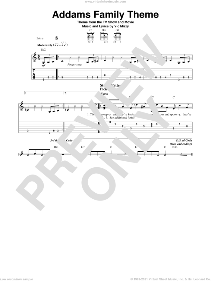 The Addams Family Theme sheet music for guitar solo (easy tablature) by Vic Mizzy, easy guitar (easy tablature)