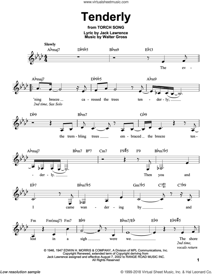 Tenderly sheet music for voice solo by Jack Lawrence and Walter Gross, intermediate skill level