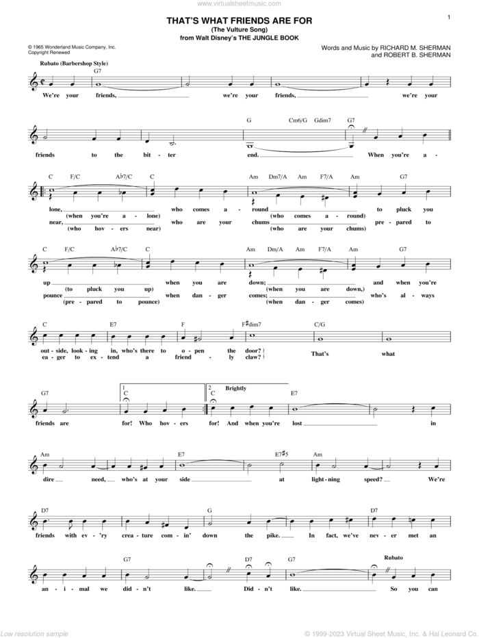 That's What Friends Are For (The Vulture Song) (from The Jungle Book) sheet music for voice and other instruments (fake book) by Richard M. Sherman and Robert B. Sherman, intermediate skill level