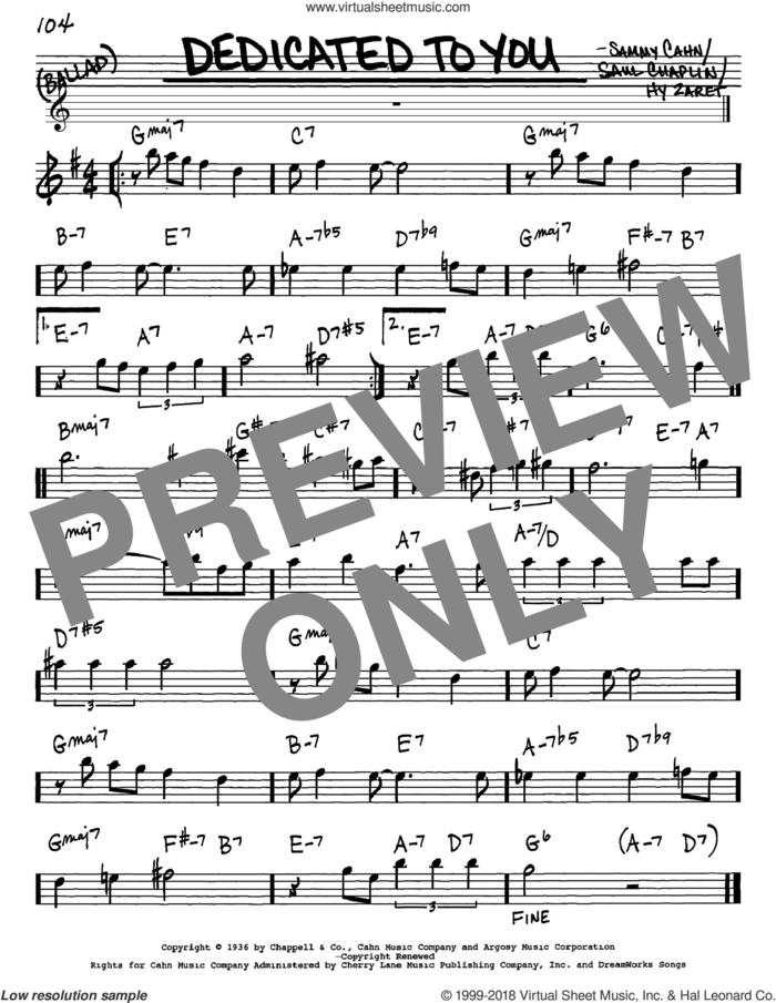 Dedicated To You sheet music for voice and other instruments (in Eb) by Sammy Cahn, Hy Zaret and Saul Chaplin, intermediate skill level