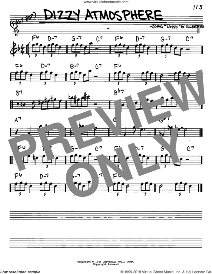Dizzy Atmosphere sheet music for voice and other instruments (in Eb) by Dizzy Gillespie and Charlie Parker, intermediate skill level