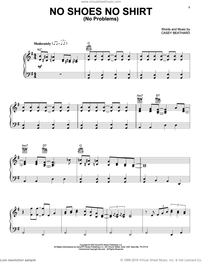 No Shoes No Shirt (No Problems) sheet music for voice, piano or guitar by Kenny Chesney and Casey Beathard, intermediate skill level