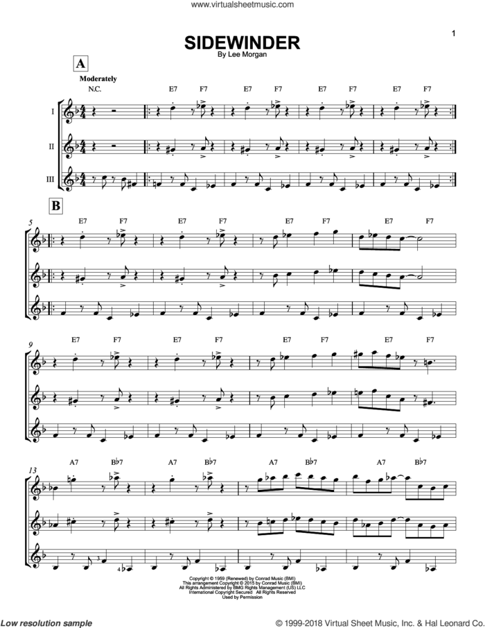Sidewinder sheet music for guitar ensemble by Lee Morgan, intermediate skill level