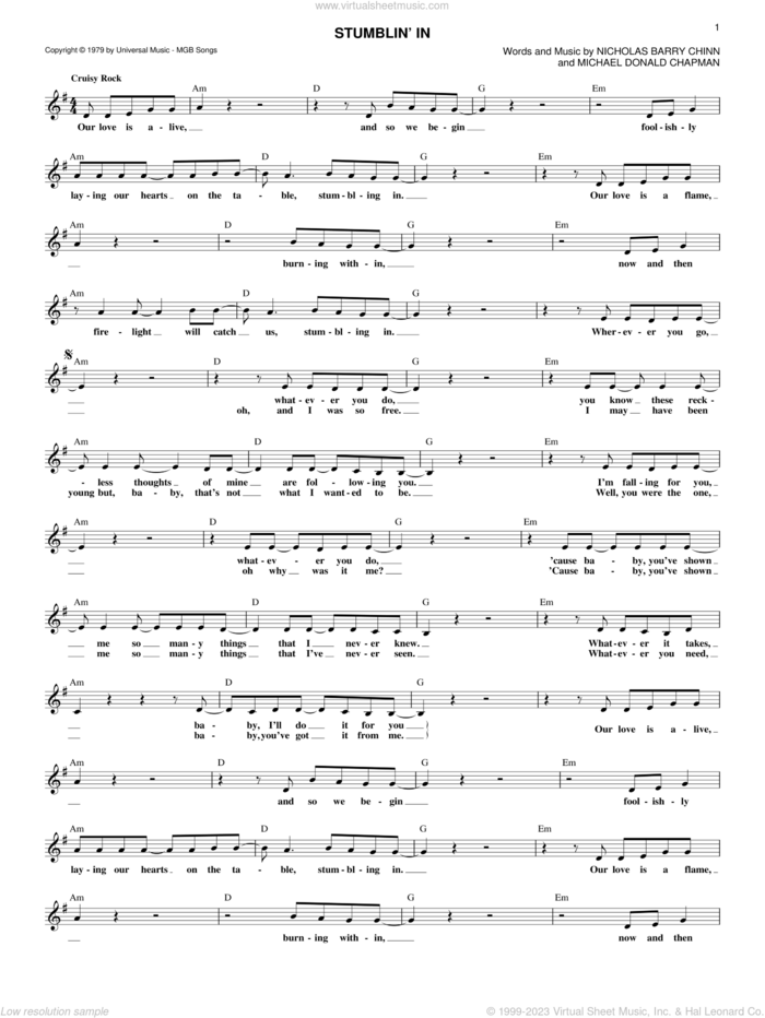 Stumblin' In sheet music for voice and other instruments (fake book) by Michael Donald Chapman and Nicky Chinn, intermediate skill level