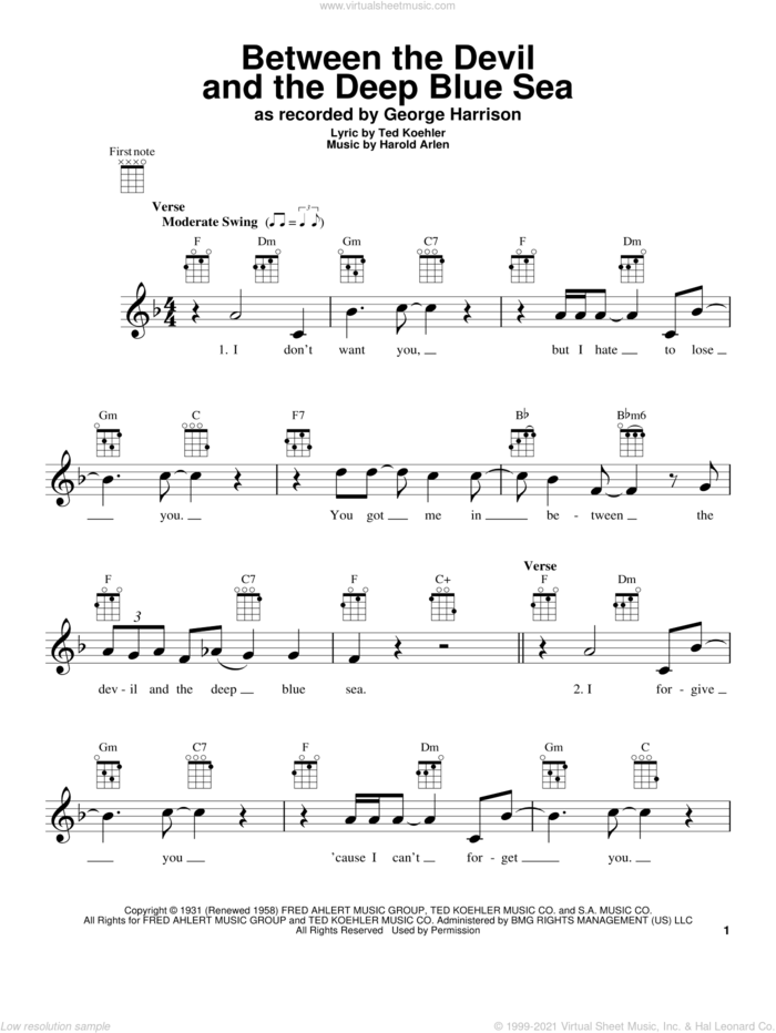 Between The Devil And The Deep Blue Sea sheet music for ukulele by George Harrison, Andre Previn, Harold Arlen and Ted Koehler, intermediate skill level