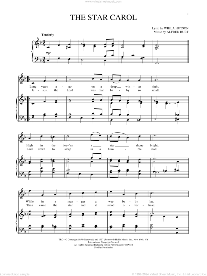 The Star Carol sheet music for voice and piano (High Voice) by Alfred Burt and Wihla Hutson, intermediate skill level