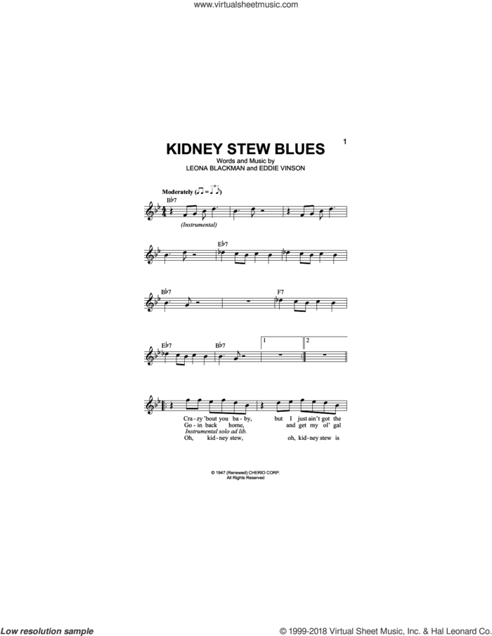 Kidney Stew Blues sheet music for voice and other instruments (fake book) by Eddie Vinson and Leona Blackman, intermediate skill level