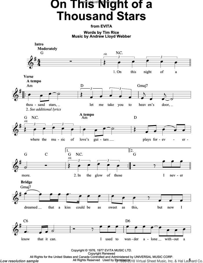 On This Night Of A Thousand Stars sheet music for voice solo by Andrew Lloyd Webber and Tim Rice, intermediate skill level