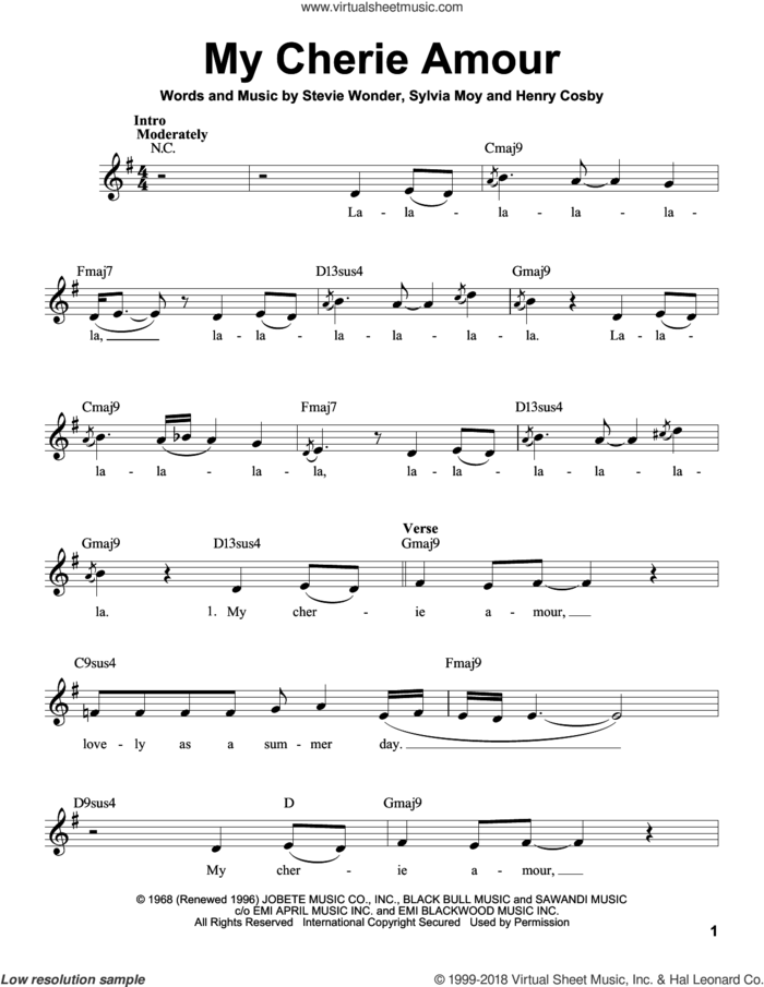 My Cherie Amour sheet music for voice solo by Stevie Wonder, Henry Cosby and Sylvia Moy, intermediate skill level