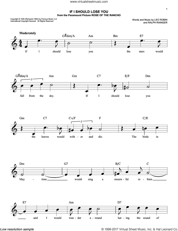 If I Should Lose You sheet music for voice and other instruments (fake book) by Leo Robin, Phineas Newborn and Ralph Rainger, easy skill level