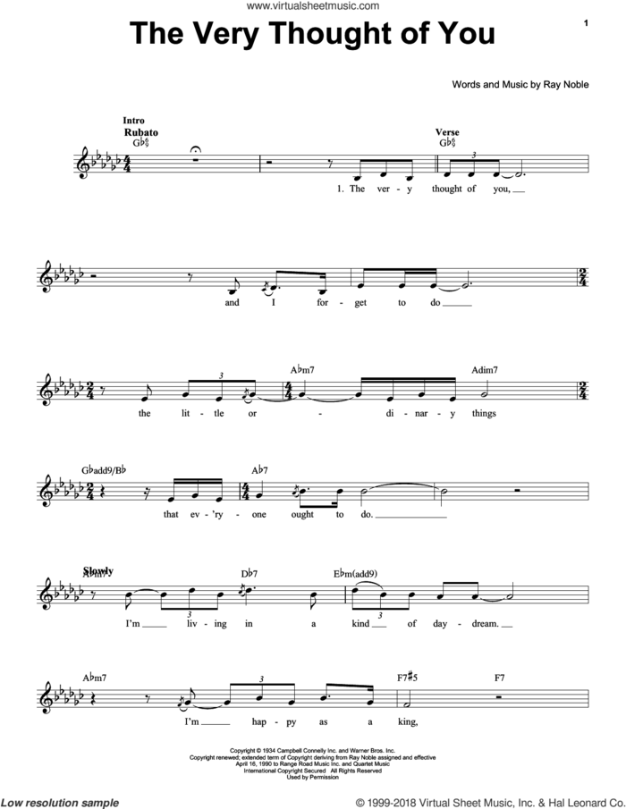 The Very Thought Of You sheet music for voice solo by Nat King Cole, Frank Sinatra, Kate Smith, Ray Conniff, Ricky Nelson and Ray Noble, intermediate skill level