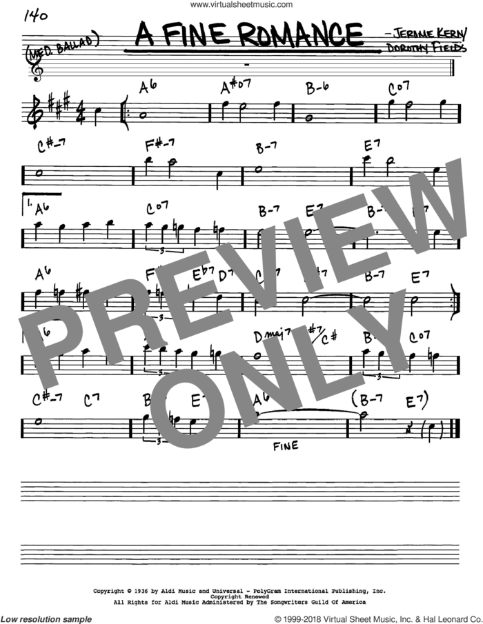 A Fine Romance sheet music for voice and other instruments (in Eb) by Jerome Kern and Dorothy Fields, intermediate skill level